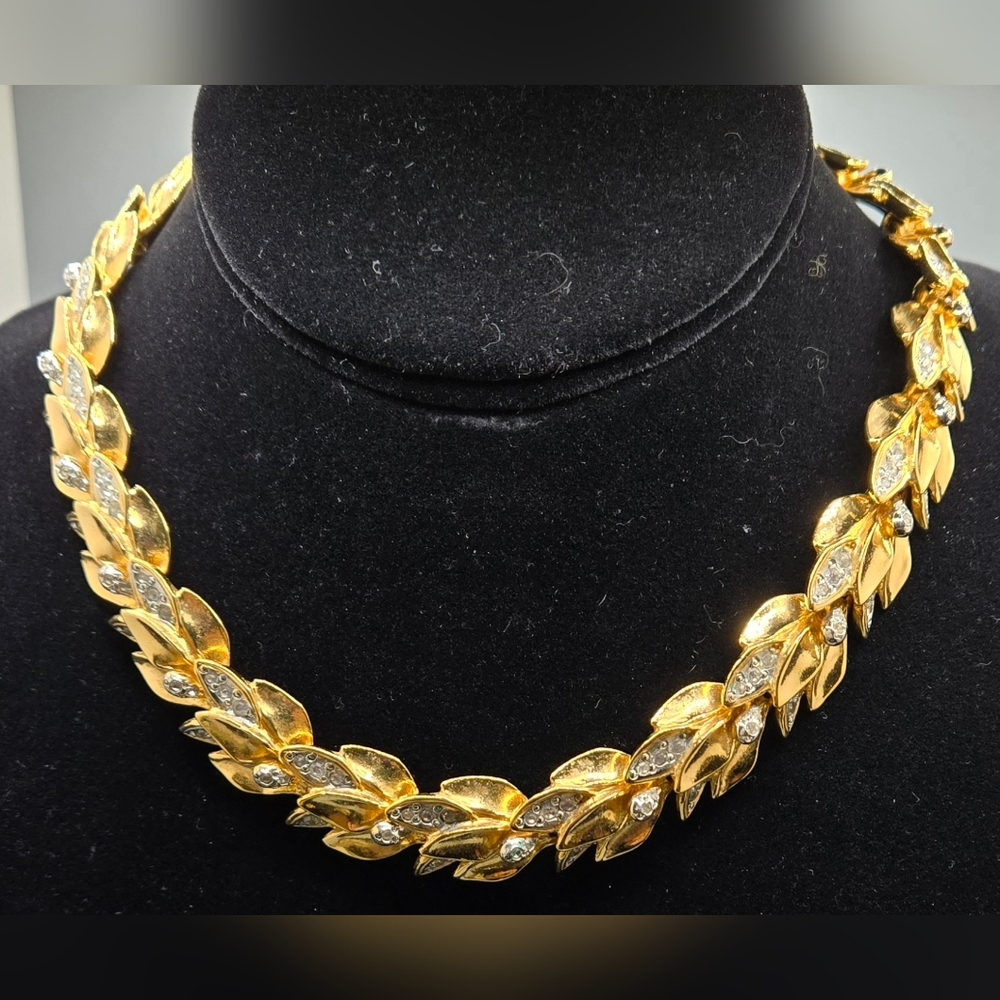 Vb Leaf Choker Silver & Gold Tones with Clear Crystals 14" + 1" Extender EUC